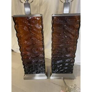 RARE set of 2 MCM Wavy Textured Amber Glass & Brushed SS Gorgeous Lamps HEAVY